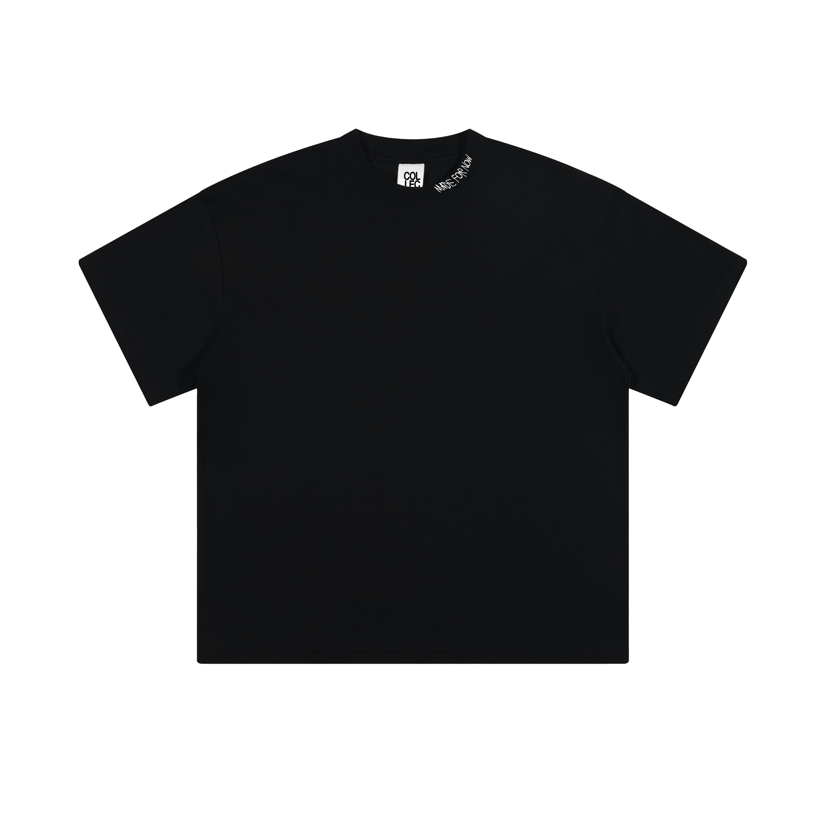 MFN Tee in black with oversized fit, featuring 'Made For Now' embroidered on the collar. A stylish unisex t-shirt for modern streetwear fashion.
