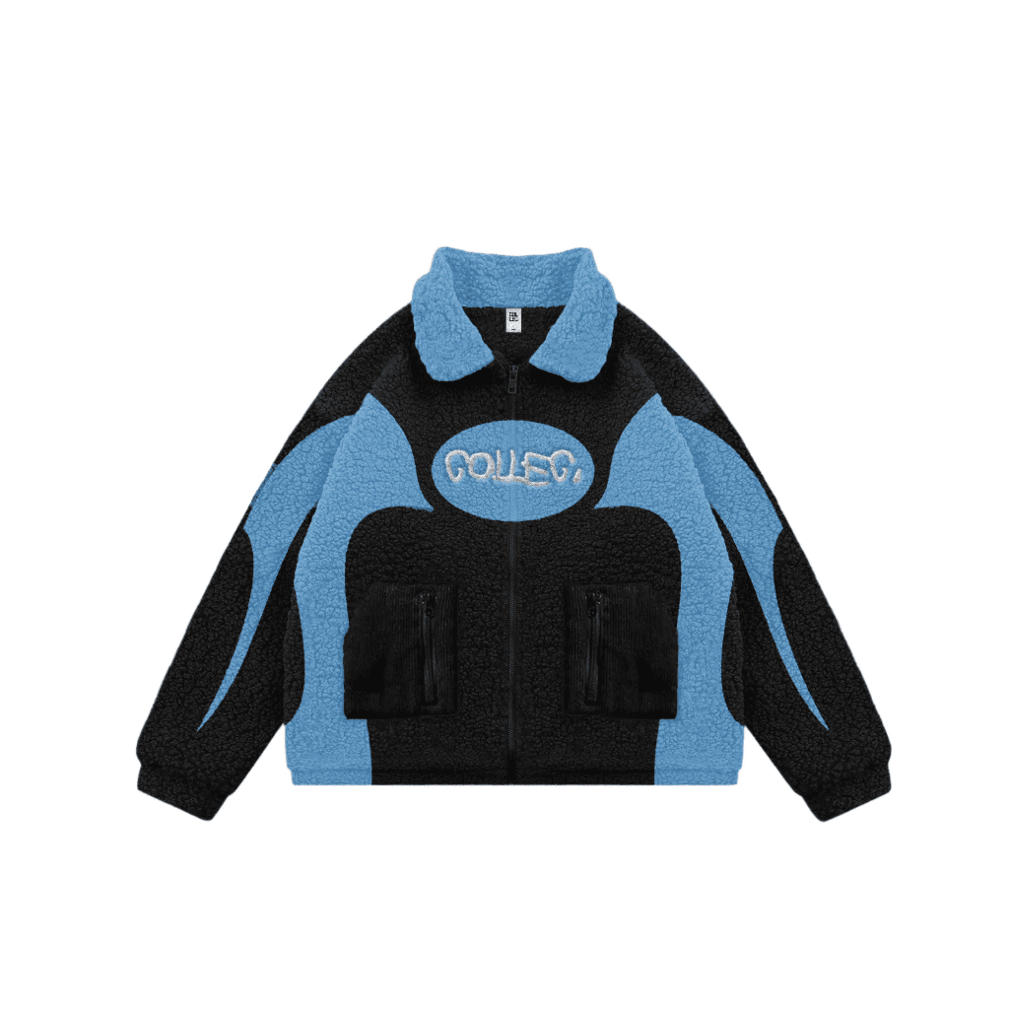 The COLLEC Signature '3' Sherpa Fleece Jacket in black and blue with bold vintage design and plush texture, ideal for cozy streetwear fashion.